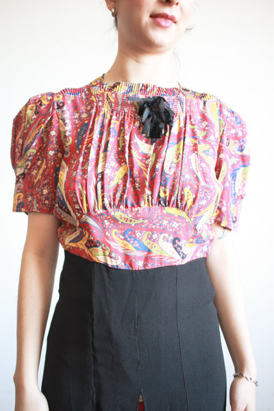 1940s Red and Black Rayon Paisley Dress