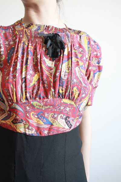 1940s Red and Black Rayon Paisley Dress