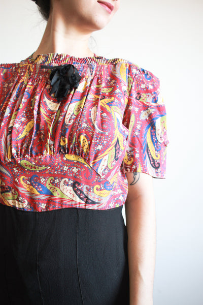 1940s Red and Black Rayon Paisley Dress