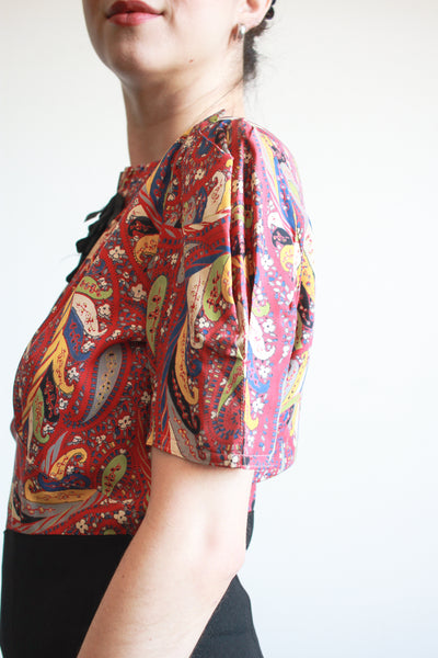 1940s Red and Black Rayon Paisley Dress