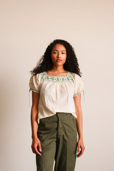 1950s Green Embroidered Cotton Peasant Blouse