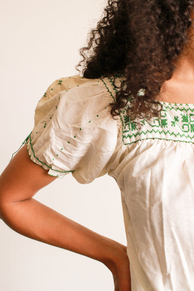 1950s Green Embroidered Cotton Peasant Blouse