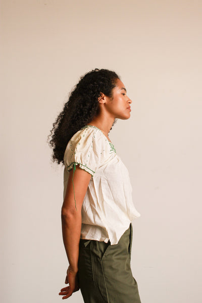 1950s Green Embroidered Cotton Peasant Blouse