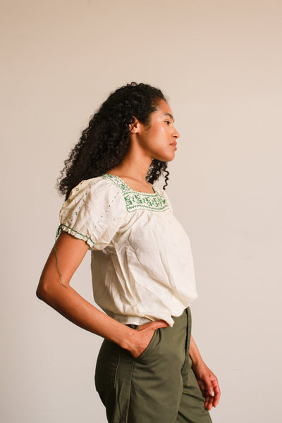 1950s Green Embroidered Cotton Peasant Blouse