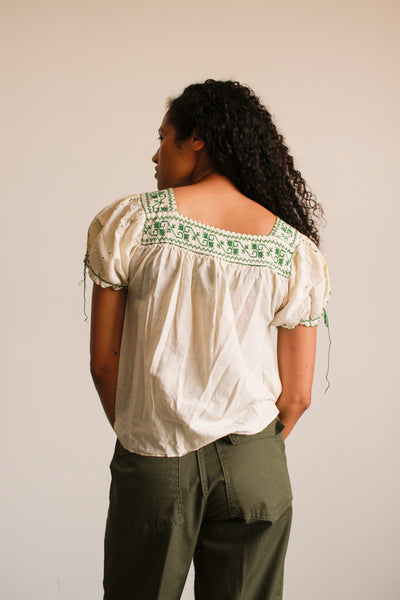 1950s Green Embroidered Cotton Peasant Blouse