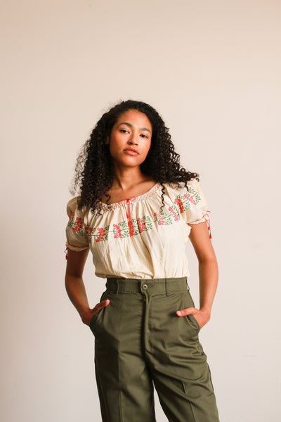 1950s Cotton Embroidered Peasant Blouse