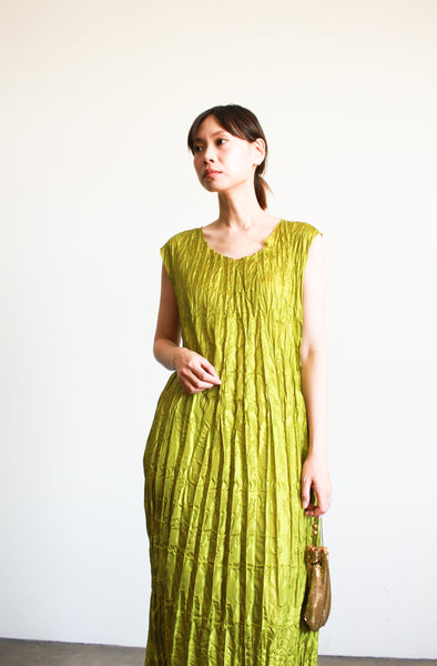 1980s Electric Lime Crinkle Dress