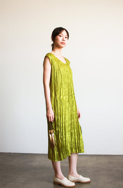 1980s Electric Lime Crinkle Dress