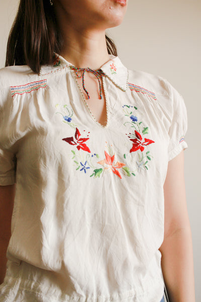 1950s White Rayon Peasant Blouse