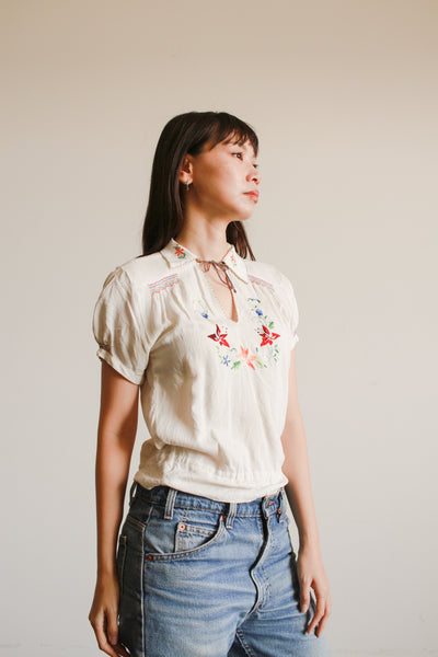 1950s White Rayon Peasant Blouse