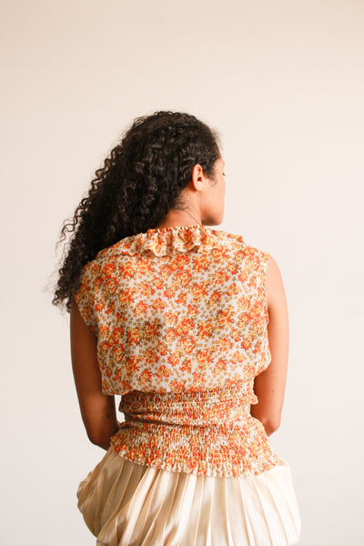 1990s Orange Blossom Ruffled Smock Blouse