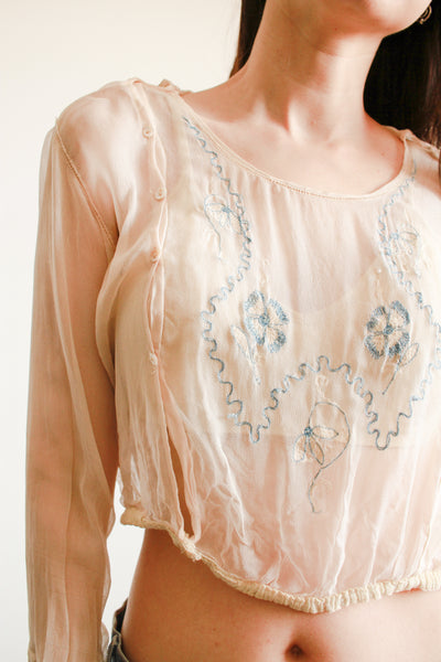 1920s Silk Chiffon Blue Embroidered Blouse