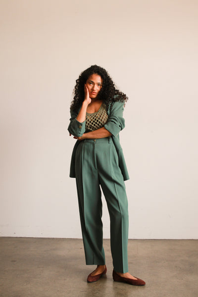 1990s Seagreen Giorgio Armani Crepe Wool Pant Suit