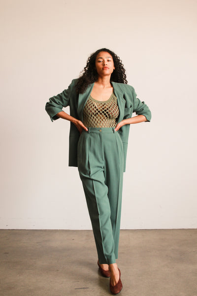 1990s Seagreen Giorgio Armani Crepe Wool Pant Suit