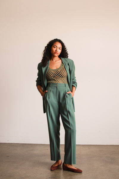 1990s Seagreen Giorgio Armani Crepe Wool Pant Suit