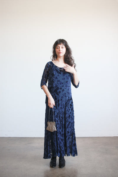 1930s Navy Velvet Floral Burnout Dress