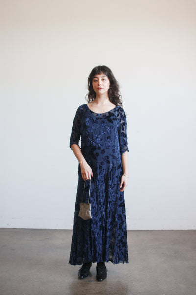 1930s Navy Velvet Floral Burnout Dress