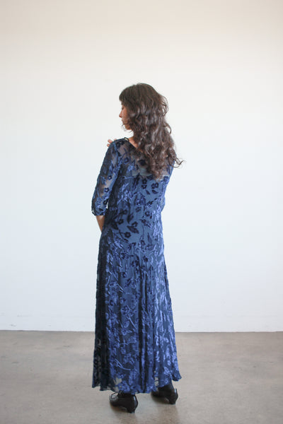 1930s Navy Velvet Floral Burnout Dress