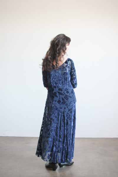 1930s Navy Velvet Floral Burnout Dress