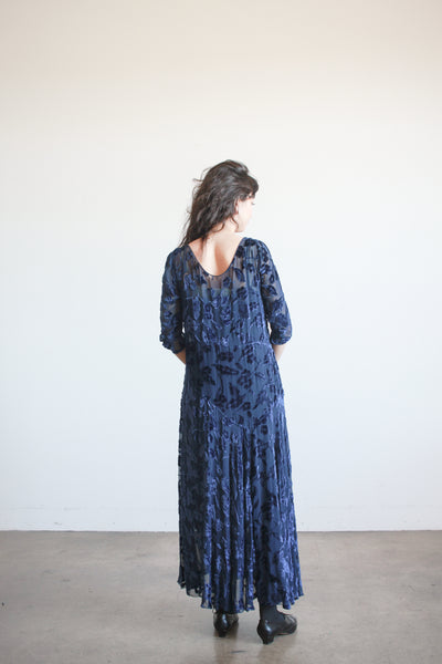 1930s Navy Velvet Floral Burnout Dress