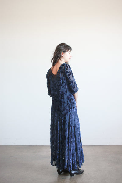 1930s Navy Velvet Floral Burnout Dress