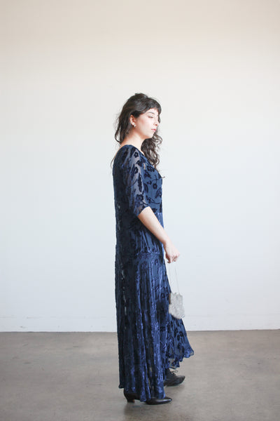 1930s Navy Velvet Floral Burnout Dress