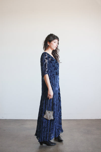 1930s Navy Velvet Floral Burnout Dress
