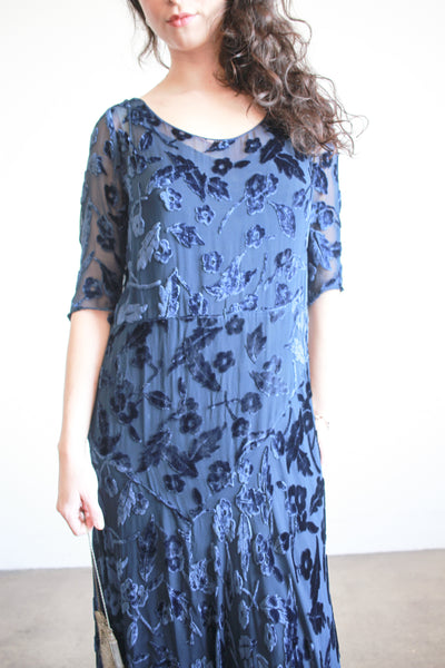1930s Navy Velvet Floral Burnout Dress