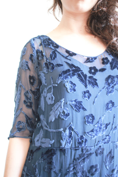 1930s Navy Velvet Floral Burnout Dress