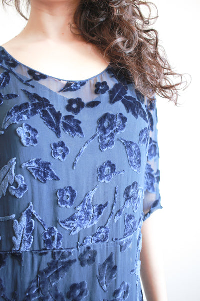 1930s Navy Velvet Floral Burnout Dress