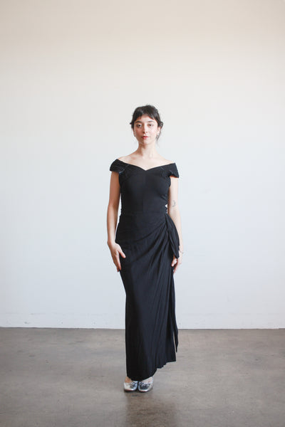 1930s Black Crepe Draped Gown
