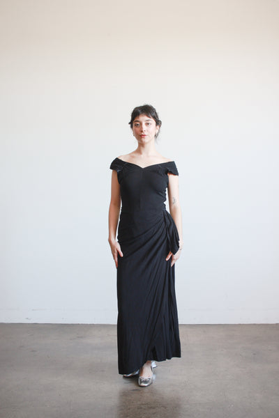 1930s Black Crepe Draped Gown