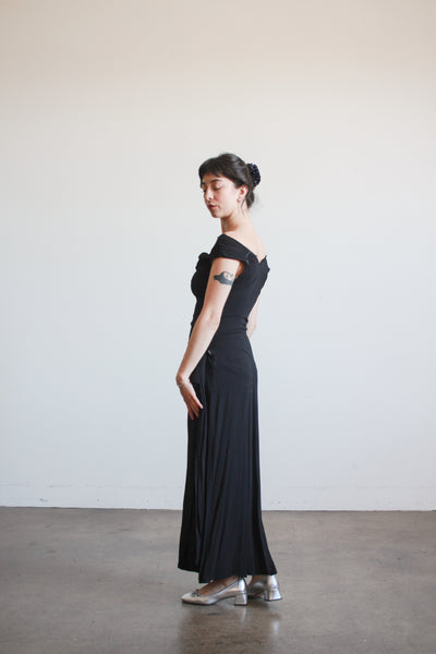 1930s Black Crepe Draped Gown