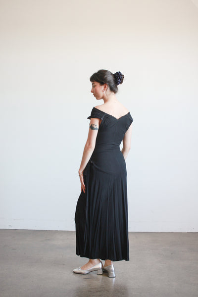 1930s Black Crepe Draped Gown