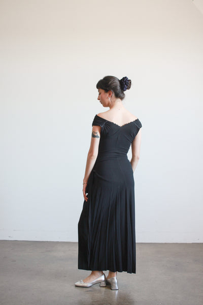 1930s Black Crepe Draped Gown