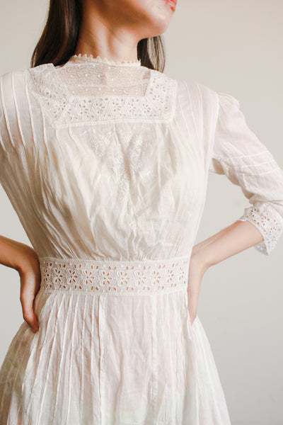 Edwardian White Cotton Eyelet Lawn Dress