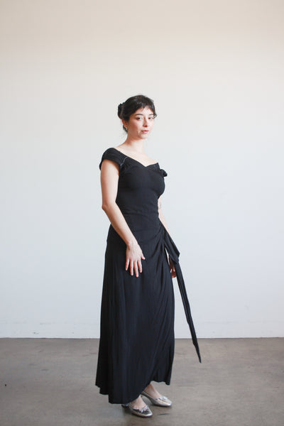 1930s Black Crepe Draped Gown