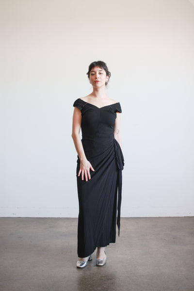 1930s Black Crepe Draped Gown