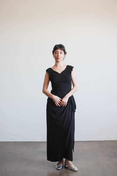 1930s Black Crepe Draped Gown