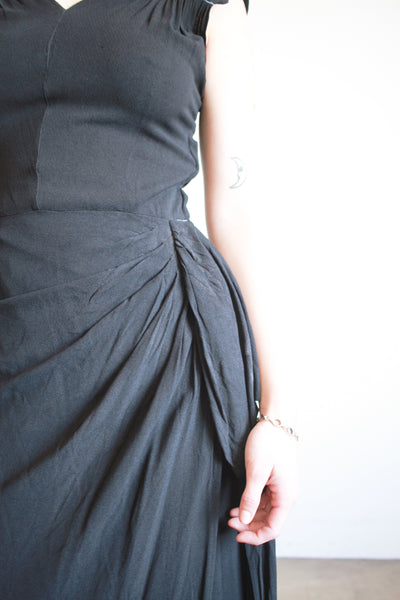 1930s Black Crepe Draped Gown