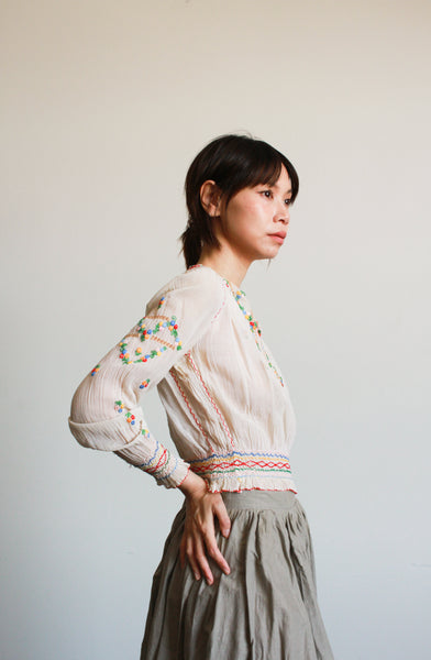 1930s Hungarian Embroidered Long Sleeve Peasant Blouse