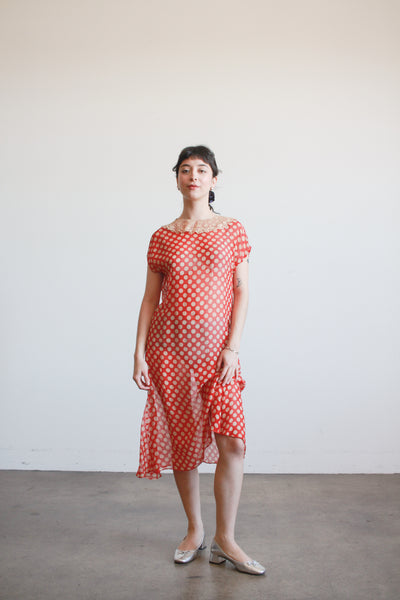 1920s Red Polka Dot Chiffon Day Dress