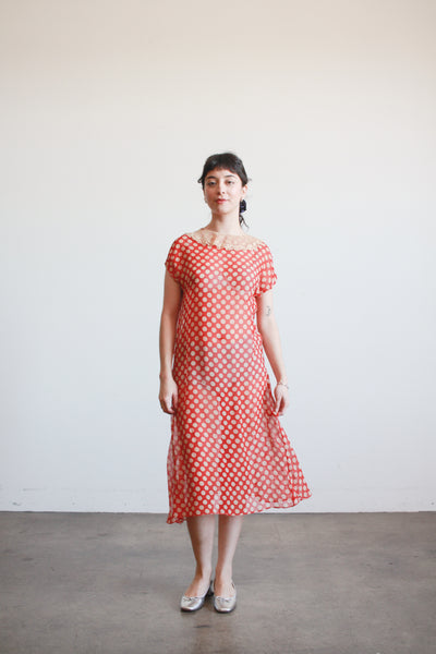 1920s Red Polka Dot Chiffon Day Dress