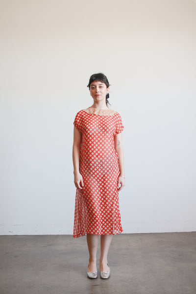 1920s Red Polka Dot Chiffon Day Dress