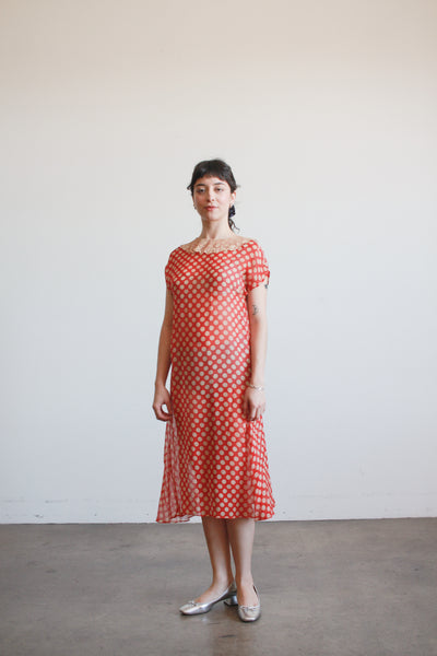 1920s Red Polka Dot Chiffon Day Dress