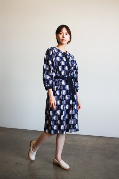 1980s Japanese Blockprint Cotton Navy Dress