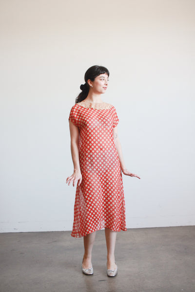 1920s Red Polka Dot Chiffon Day Dress