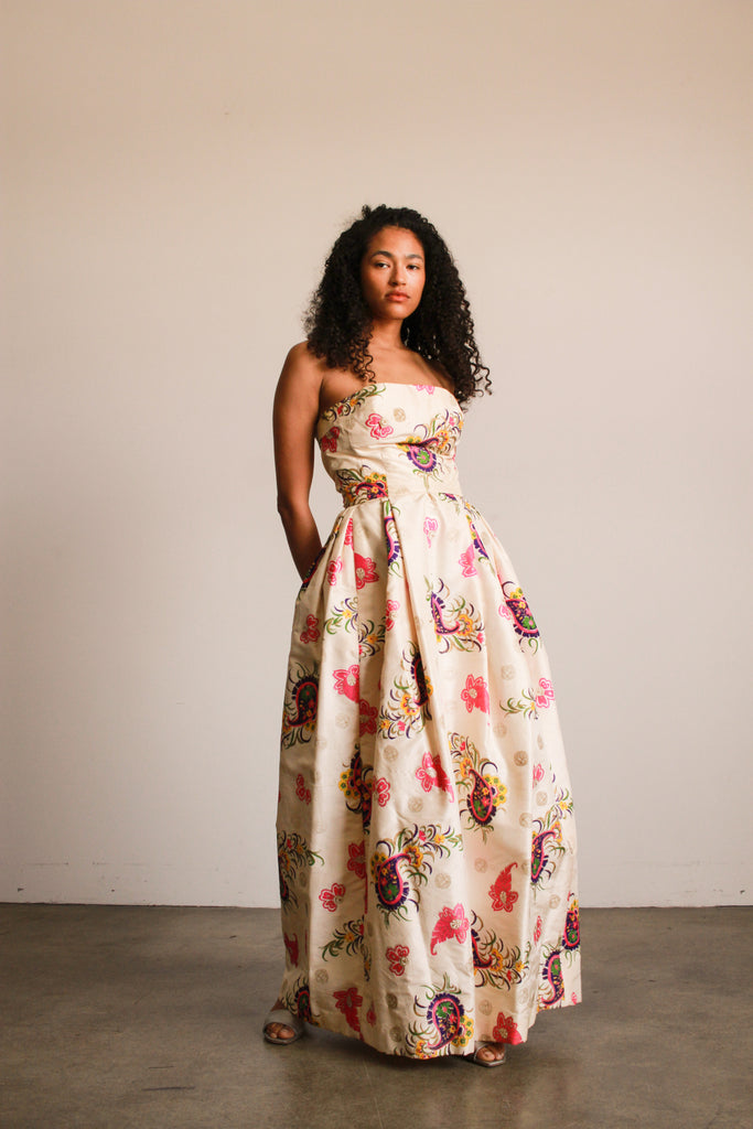 thai silk dress 1950s Custom Cream Thai Silk Block Print Gown