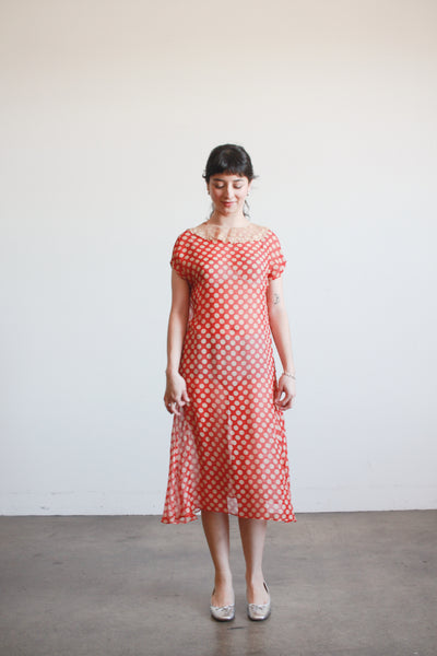 1920s Red Polka Dot Chiffon Day Dress