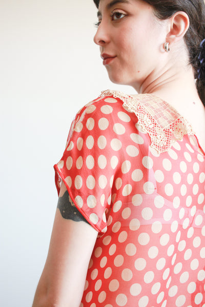 1920s Red Polka Dot Chiffon Day Dress